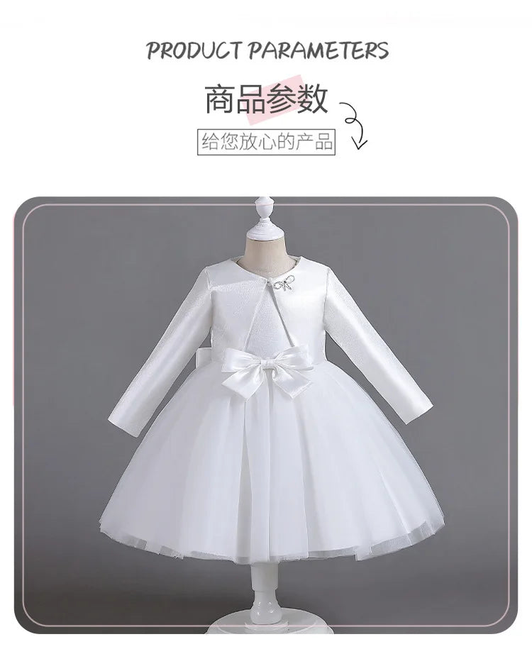 ELBCOS 4-14Y Girls Tie Crew Neck Long Sleeves Solid Color Fold Skirt Cardigan Coat Waist Bow Costumes Princess Party Dress Suit