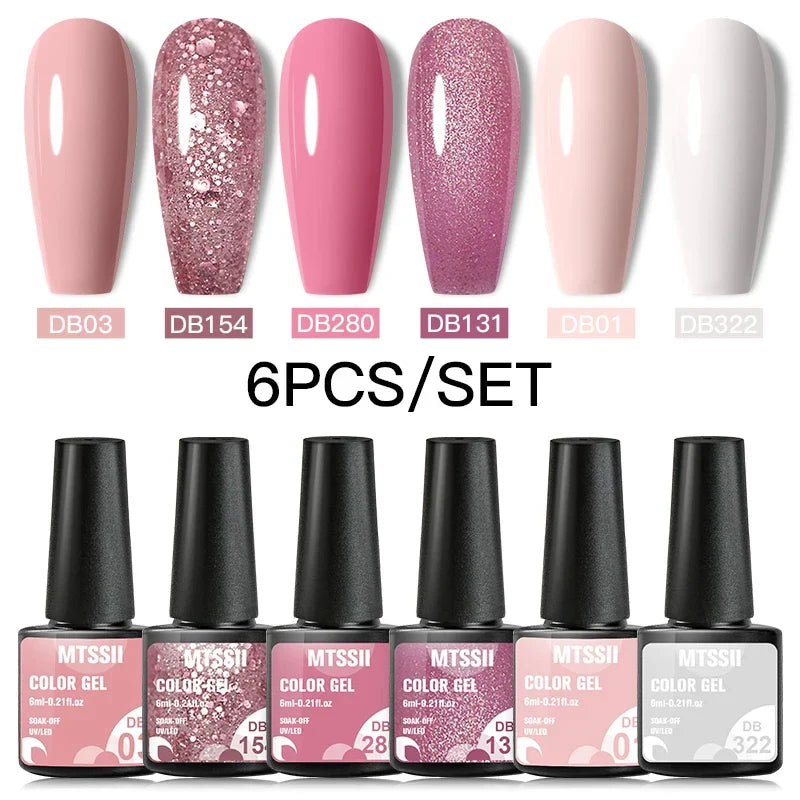 6PCS/SET Glitter Bright Pink Peach Gel Nail Polish Kit Spring Colorful Semi Permanent Soak Off Art UV Gel Varnish For Manicure