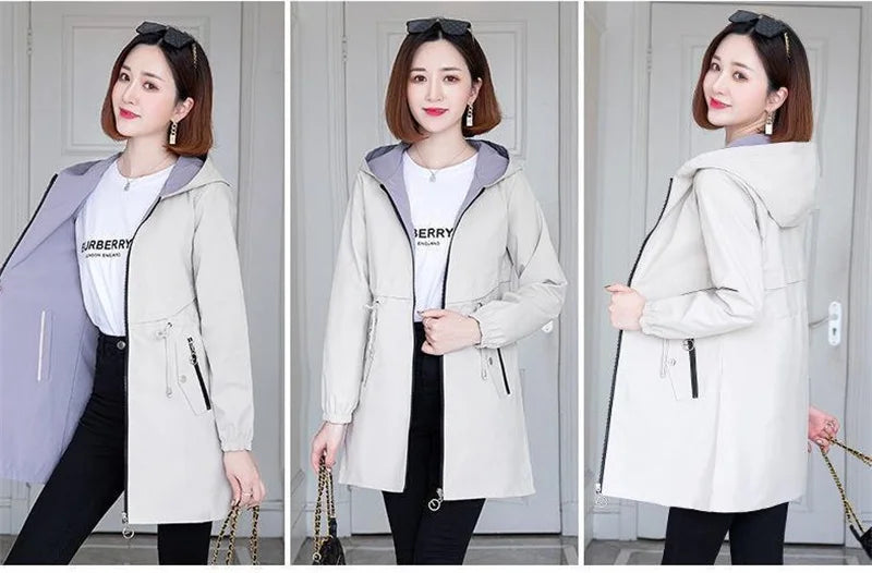 Double-Sided Trench Coat Women 2023New Fashion Spring Autumn Clothes Hooded Mid-Length Windbreakers Female Outerwear Casual Tops