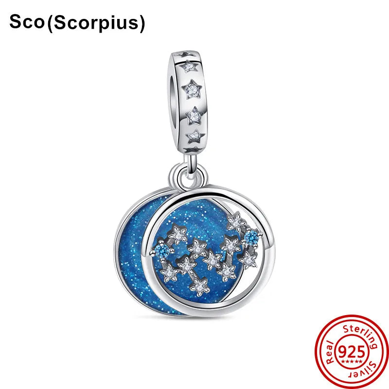 Authentic 925 Sterling Silver Sparkling Aries Leo Scorpio 12 Zodiac Signs Constellation Charm Beads Fit Pantaro Bracelet Jewelry