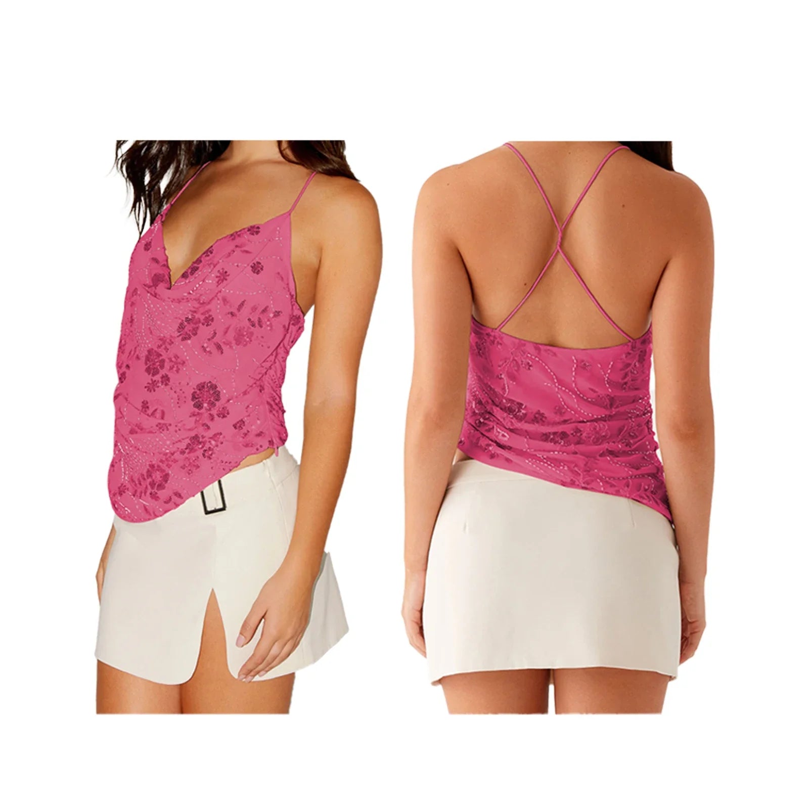 Combhasaki Women Summer Sleeveless Beading Camis Top V-neck Tie-up Cross Backless Pearl Glitter Sequin Flower Embroideried Vest