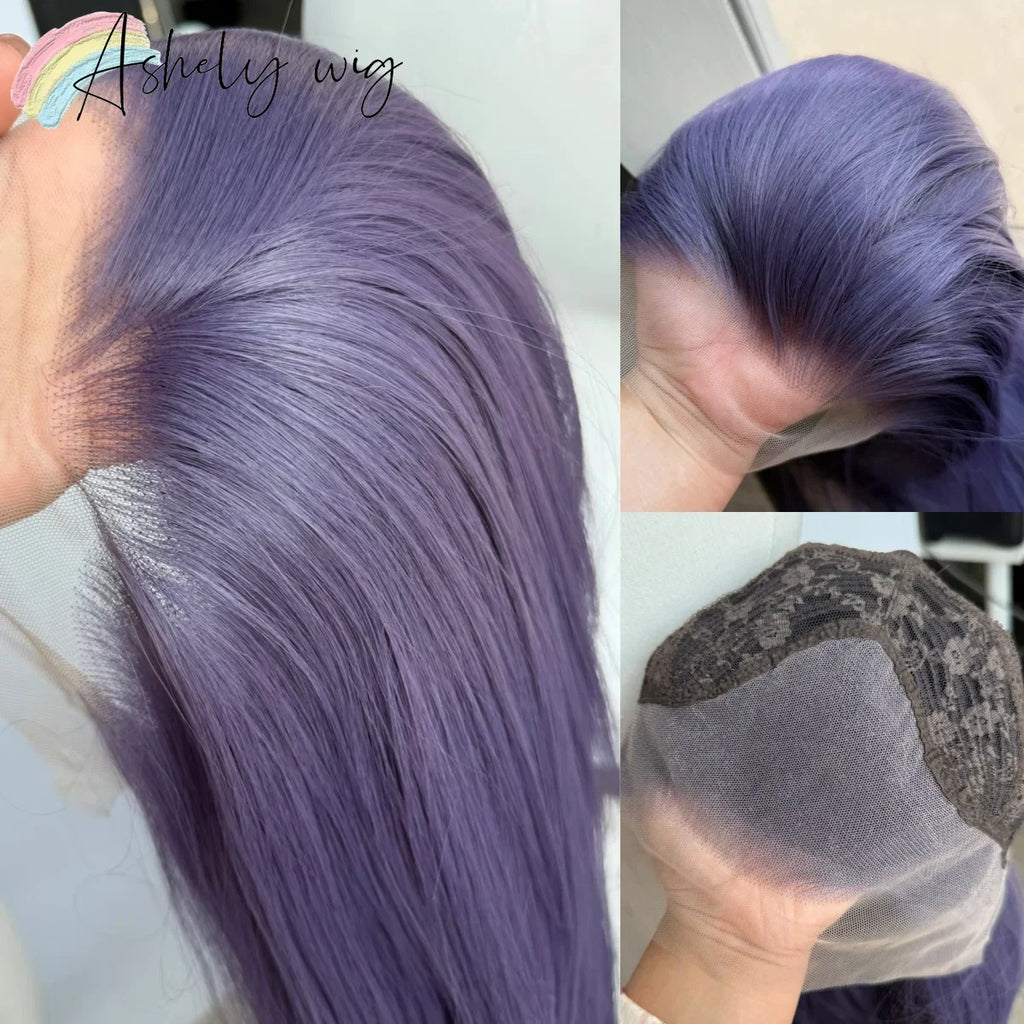 Ashely Light Purple Wig Special Grey-purple Lace Front Wigs 26inch long straight 13*4 Synthetic Lace Wigs for Cosplay Daily Use