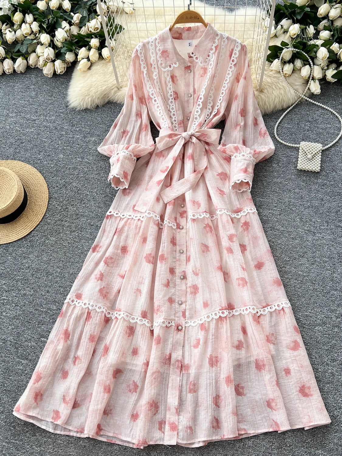 Chic vintage rhinestone lace-up slim Elegant Fairy korean fashion Boho Sundress women clothing Long dress
