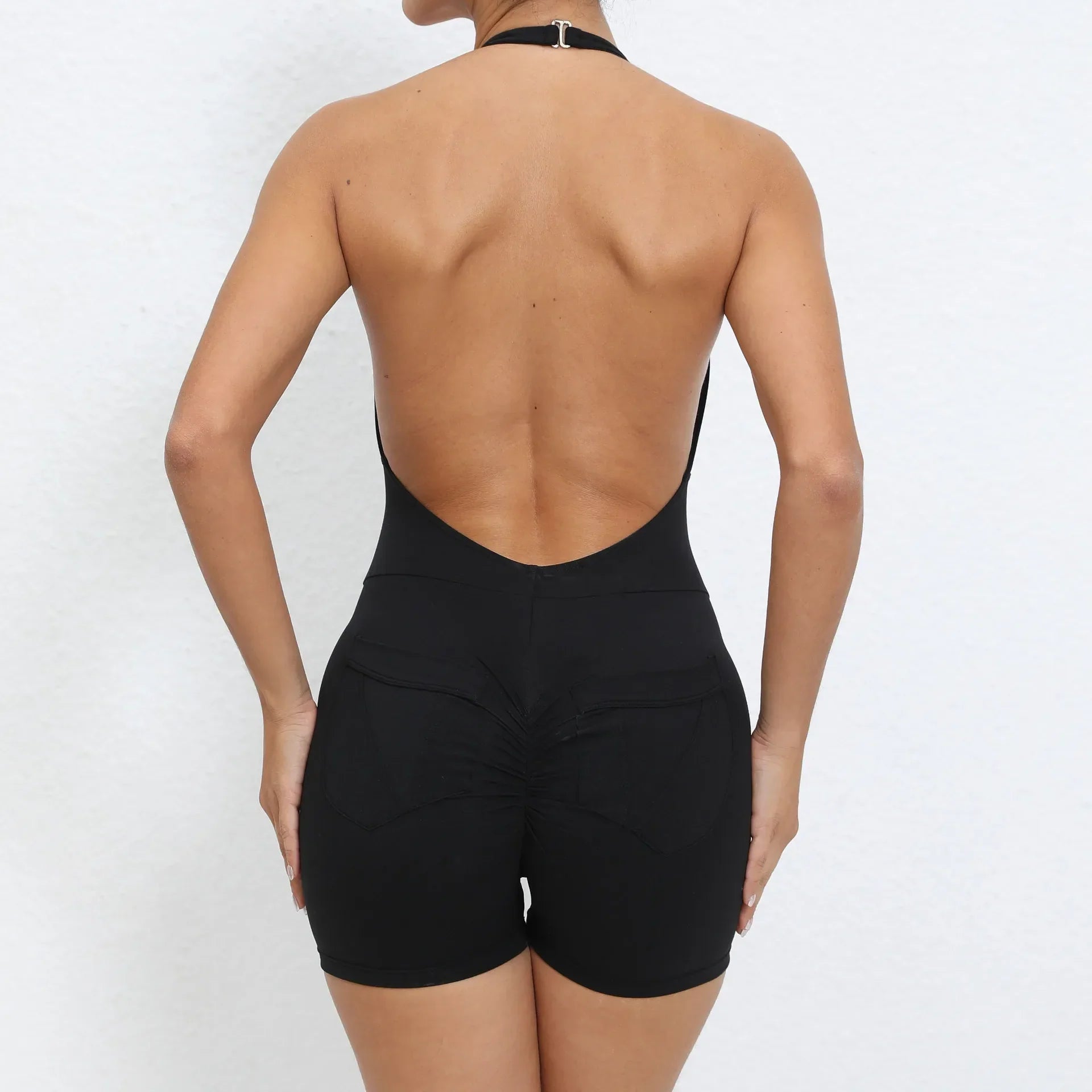 Gym Sport Jumpsuit Short Jumpsuit with Pocket Women Sportswear One Piece Yoga Set Sexy Backless Scrunch Fitness Overalls Romper