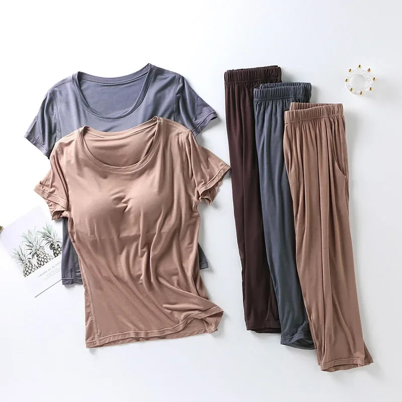 2025 summer new ladies modal pajamas two-piece suit with chest pad short-sleeved cropped trousers plus size home service set