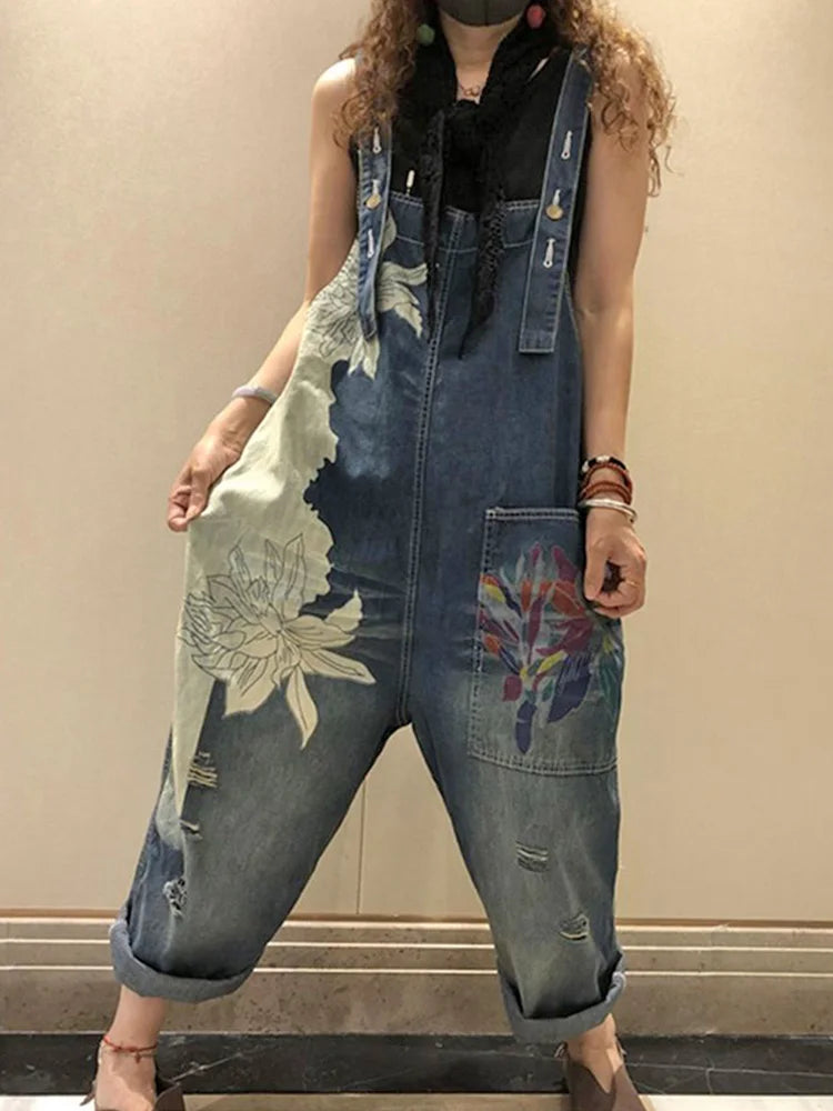 AmaxluluE 2025 Females Fashion Overalls Ladies Summer Printed Denim Pantalons Vintage Casual Jeans Womens Loose Vintage Trousers