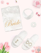 4 Pcs Bride Robe for Wedding Day Set Bridal Robe with Slippers Lace Trim Wedding Robe for Bridal Bachelorette Party