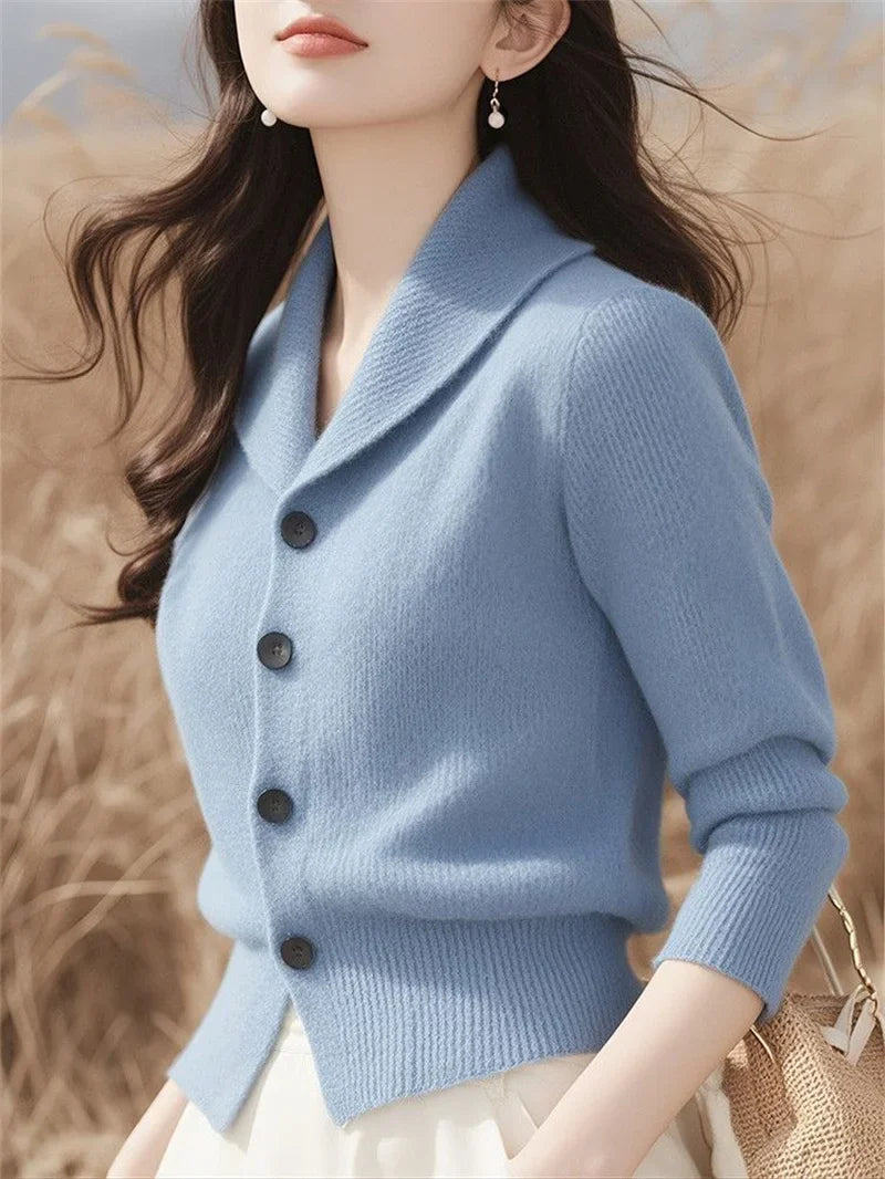 2025 New Spring Autumn Turndown Collar High End Women Knitt Cardigan Sweater Fashion Korean Version Female Knitwear Tops