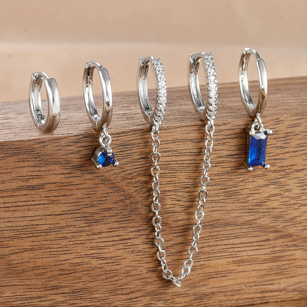 4PCS Exquisite Stainless Steel Long Chain Pendant Earrings Set for Woman Little Huggies Hoop Earrings Cartilage Piercing Jewelry