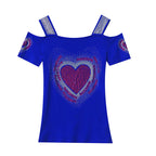Aoxison Summer Short Sleeved Women's T-Shirt Elegant Slim Shiny Love Heart Diamonds Mesh Tops Chic Girl Sexy Off Shoulder Tees