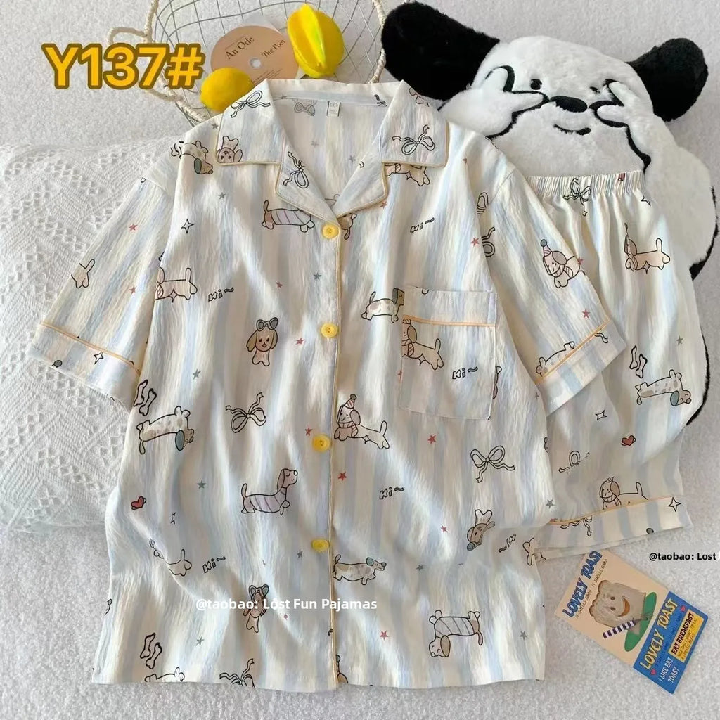 Cute Pink Cloud Cotton Spwear Bear Print Home Clothes Long Sve ort Sve Women's Comfortable Home Suit Summer Thin