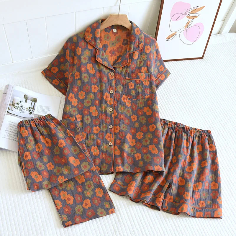 2025 New Spring/Summer Pajamas Three Piece Set Thin 100%Cotton Crepe Ladies Short Sleeves+Shorts+Pants Flip Collar Home Suit Set