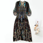 2025 Summer Bohemian Dresses For Women Elegant V-neck High Waist Women's Print Black Dress A-line 100% Real Silk Long Midi Dress