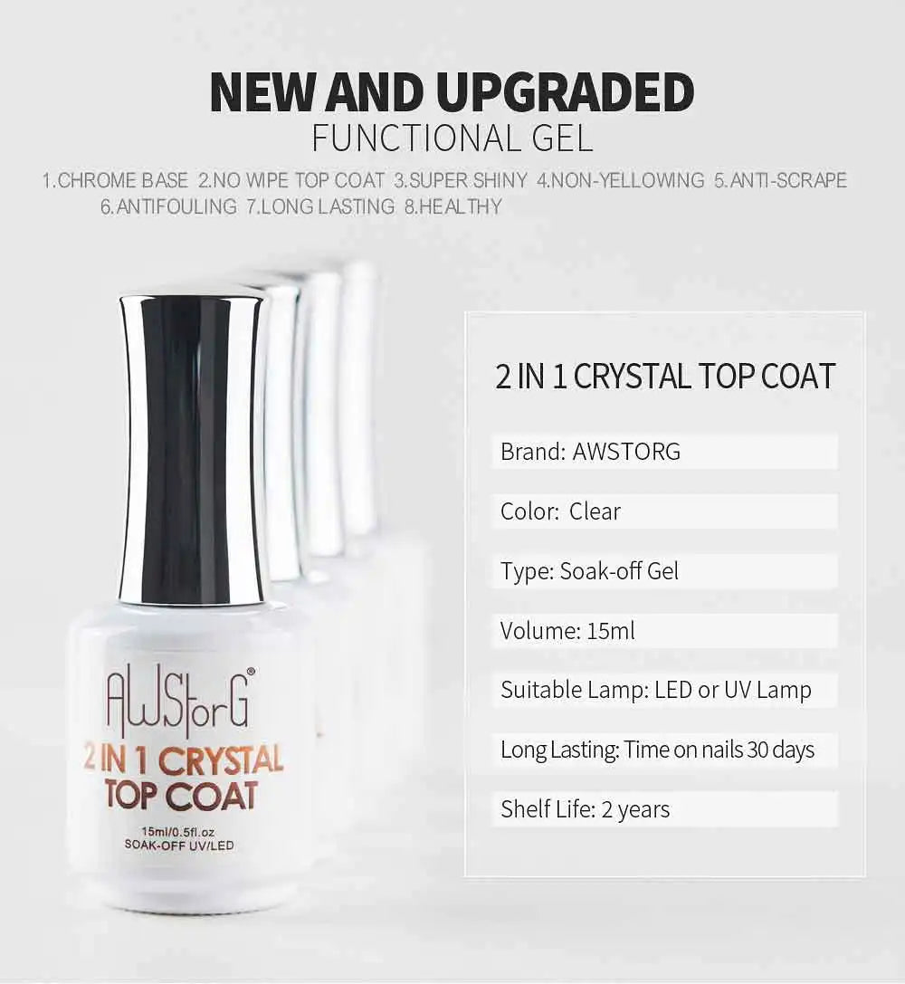 AWStorG15ml 2 IN 1 Crystal Top Coat Transparent Soak Off UV LED Nails Art Manicure Gel Nail Polish Varnishes Primer Function Gel