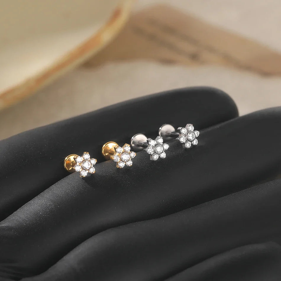 1PC Titanium Zircon Star Flower Labret Piercing for Women Cartilage Tragus Daith Helix Stud Earring Body Jewelry