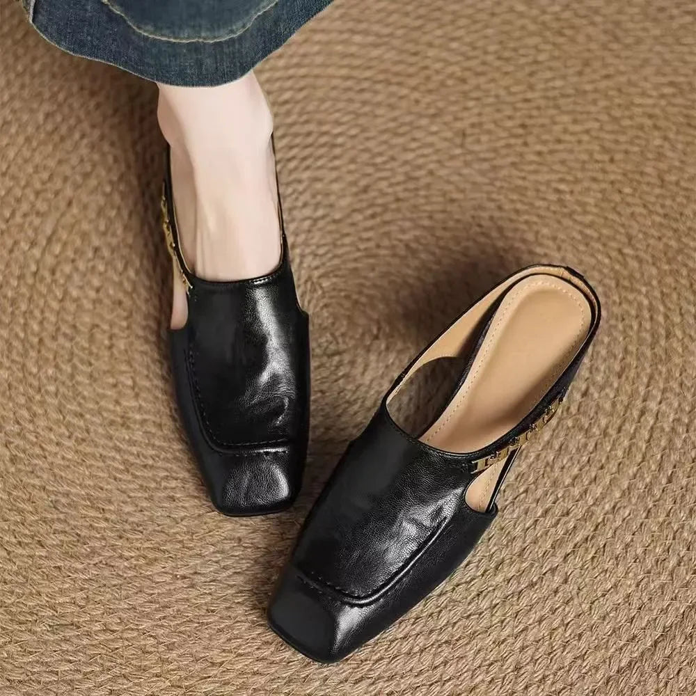 2025 New Retro Style Baotou Women's Sandals Half Slippers Square Toe Inside Heightening