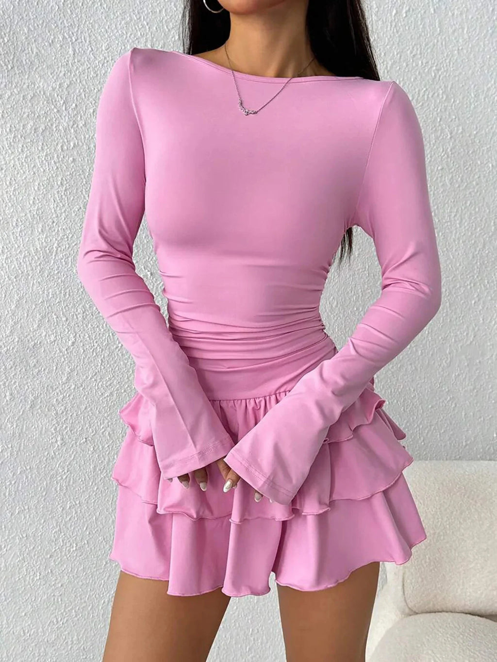 2025 Autumn Solid Slim Fit Cascading Ruffles Mini Dress Winter Women Elegant Flare Sleeve High Waist Sexy Party Bodycon Dresses