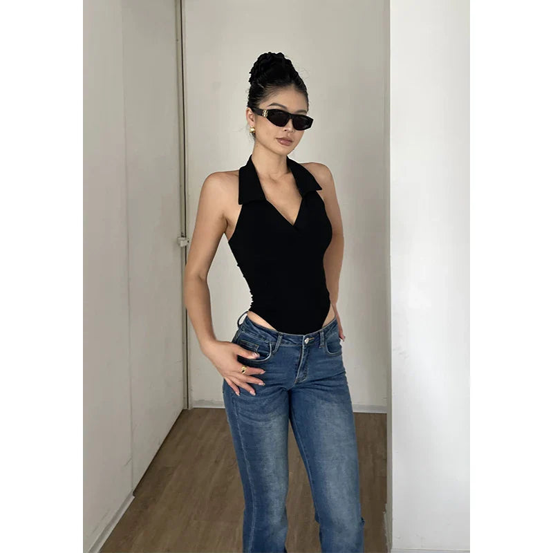 American Style Spicy Girl Sleeveless Polo Neck Solid Bodysuits Women's 2024 Summer New Sexy Backless High Waisted Slim Top Q29N
