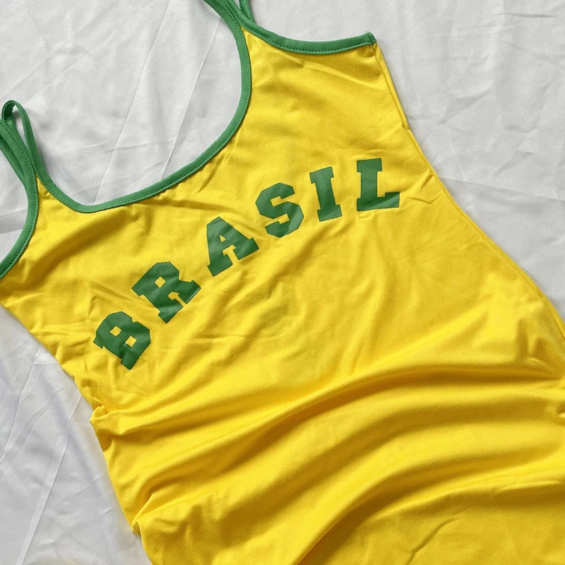 2024 Suspender Dress Women Beach Casual Short Dress Yellow Brasil Printed Long T Shirt Loose U Neck Sexy Summer Sling Mini Robe