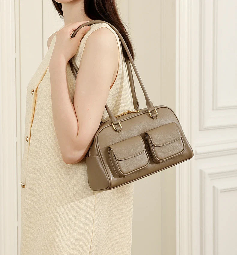 Burminsa Cowhide Genuine Leather Underarm Shoulder Bags For Women 2025 Luxury Designer Korean Bowling Tote Work Ladies Handbags