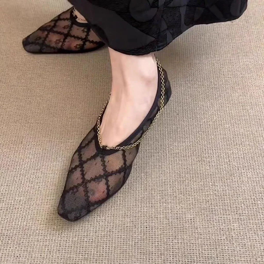 2025 New Lace Mesh Breathable Single Shoes Women's Summer French Square Toe Slip-On Chain Mary Jane Flats