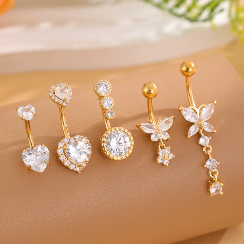14G Gold Color Series Butterfly Dangled Belly Piercing Sets 5PCS/Lot Heart Flower Curved Navel Navel Ring Belly Button Rings