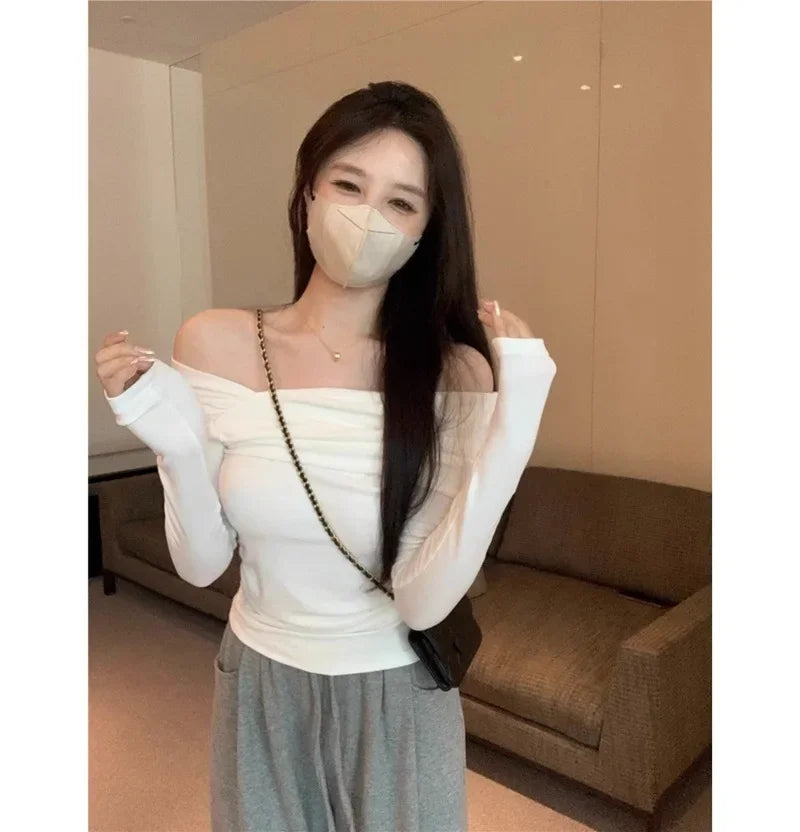 Elegant Off-Shoulder Long Sleeve Knitted Top For Women 2023 Autumn Slimming Smooth Base Layer T-Shirt Polyester Fiber Full Sleev