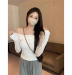 Elegant Off-Shoulder Long Sleeve Knitted Top For Women 2023 Autumn Slimming Smooth Base Layer T-Shirt Polyester Fiber Full Sleev