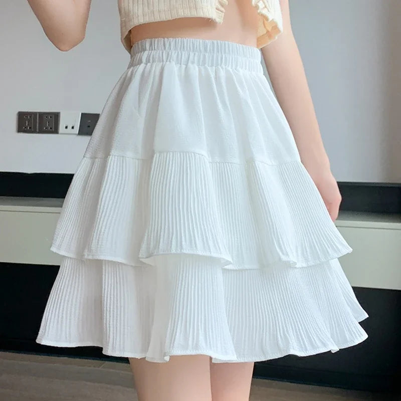 Casual Summer Ball Gown Pleated Skirts Women 2024 Korean Fashion Clothing Faldas Largas High Waist Black White A Line Mini Skirt