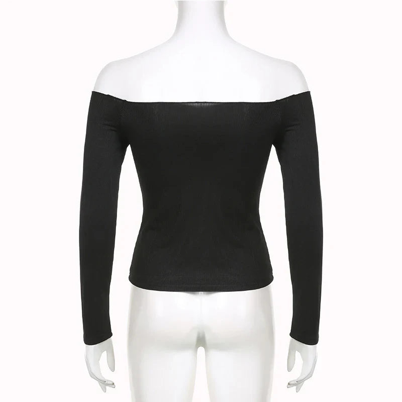 Black Solid Slash Neck Elegant Long Sleeve Tops Korean Fashion Slim Sexy Cropped T Shirt Women Fall Clothing