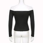 Black Solid Slash Neck Elegant Long Sleeve Tops Korean Fashion Slim Sexy Cropped T Shirt Women Fall Clothing