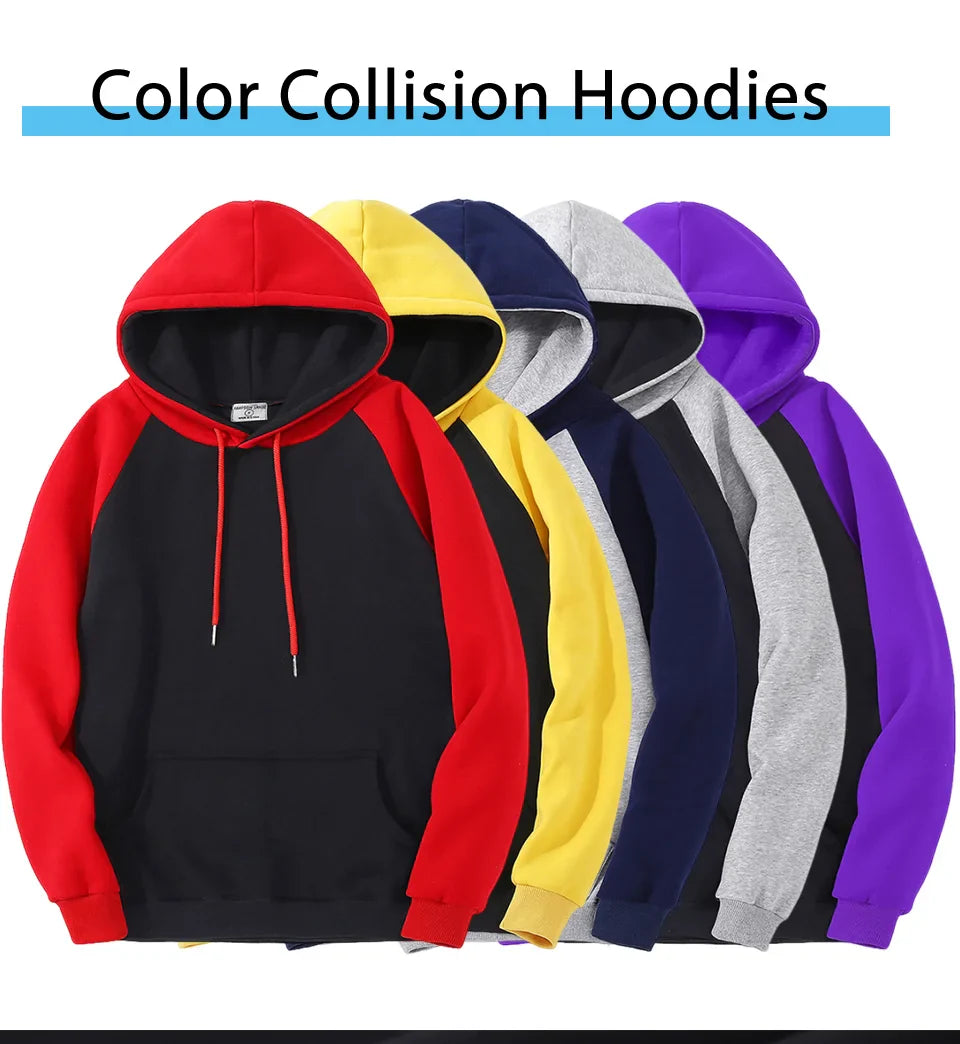 Color Collision Hoodie Men Women Autumn Winter Loose Oversized Clothing Warm Fleece Raglan Splicing Hooded Couple Sweatshirts