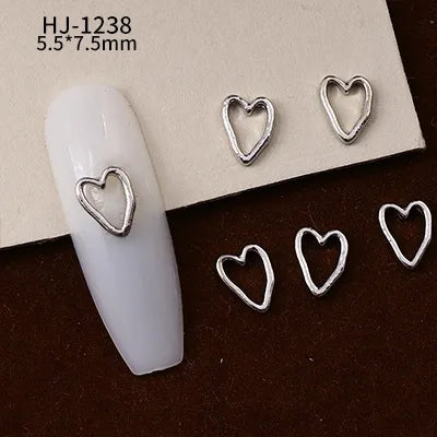 20PCS 3D Glossy Gold Silver Metallic Love Heart Various Crook Frame Solid Alloy Nail Art Rhinestones Decorations Manicure Charms