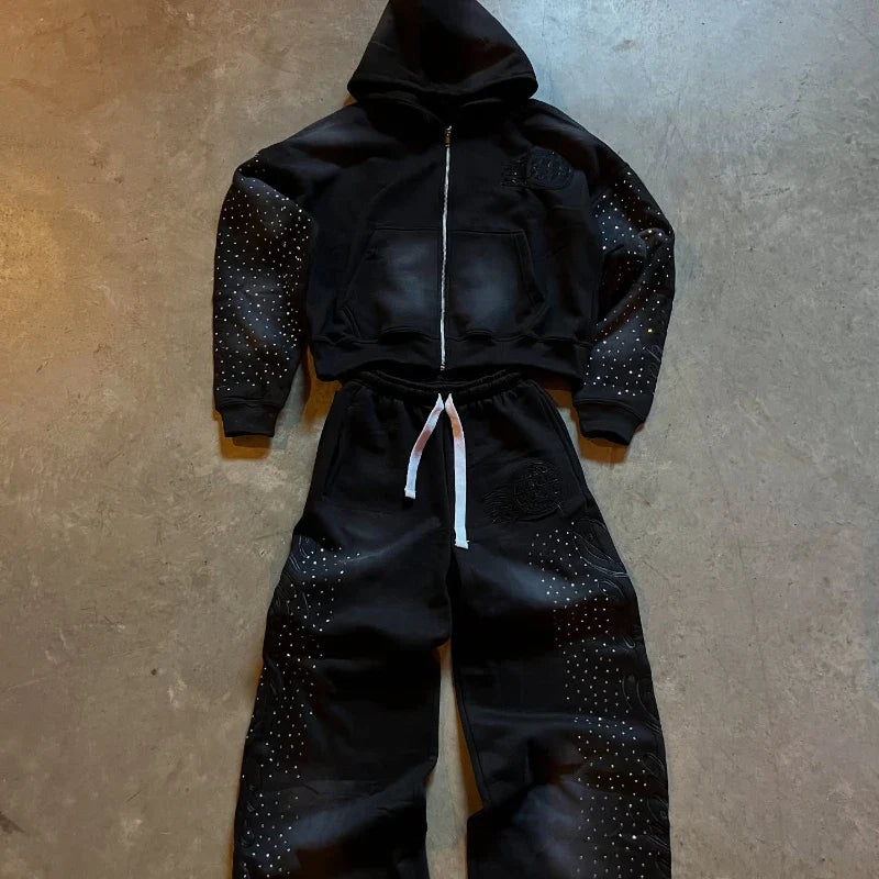 Autumn and winter European loose rhinestone decal retro zipper hoodie y2k Harajuku casual solid color sports design street hoodi