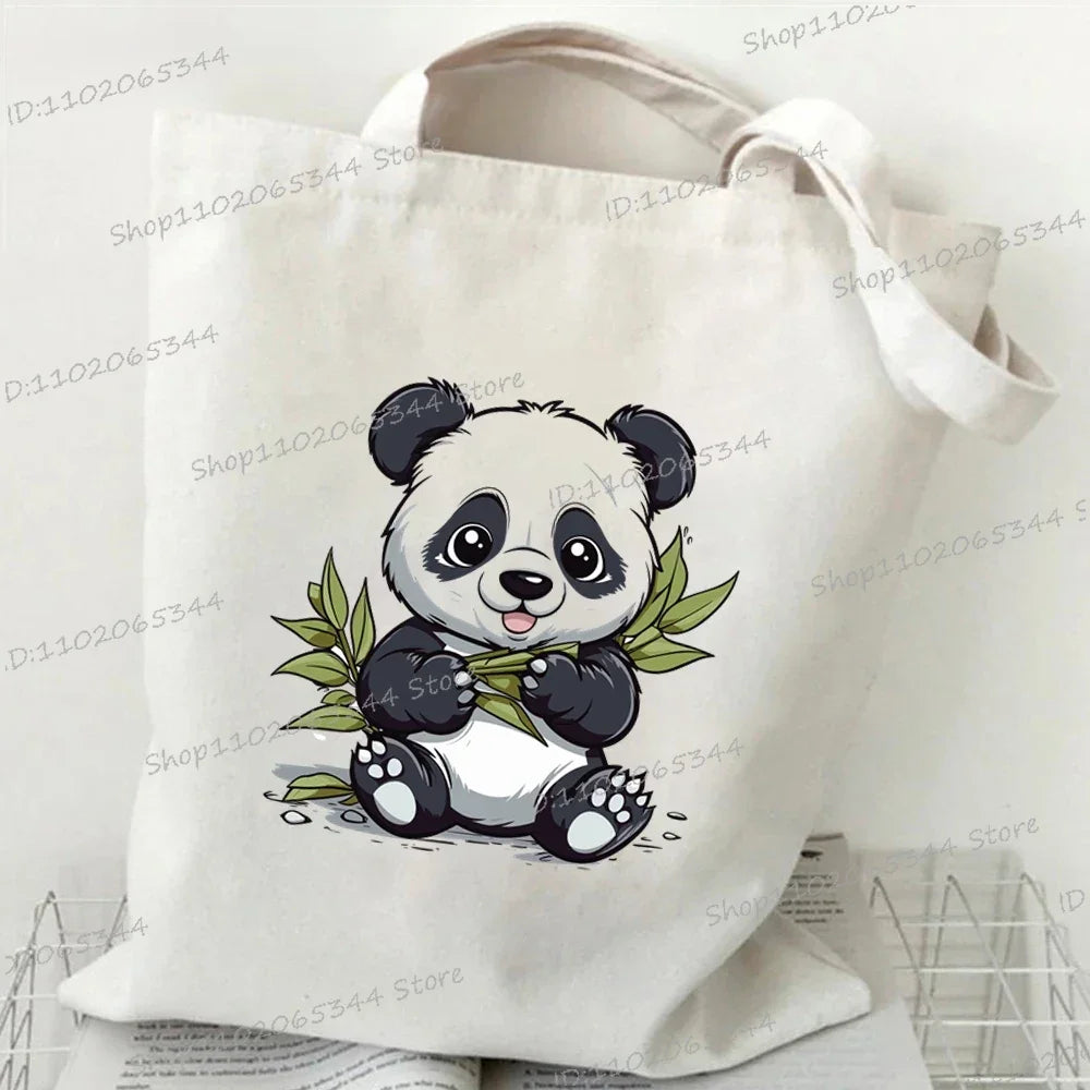 Canvas Bag for Women Cartoon Panda Printed Shopper Handbags Storage Reusable Canvas Shoulder Bag China Panda Female Tote Bag