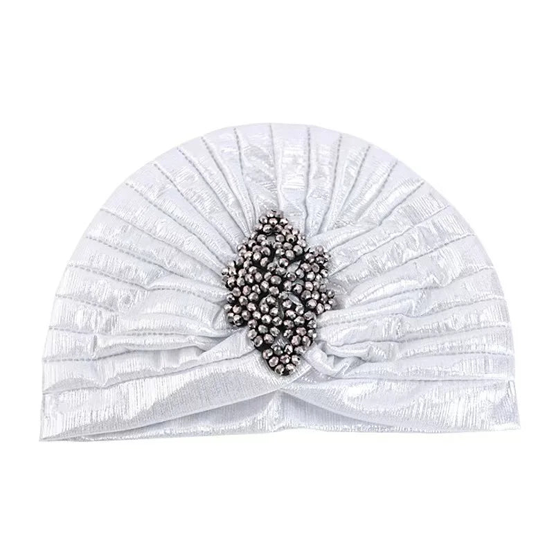 Ethnic Gathered Headscarf with Clover Crystal Gold Foil Print Fashion Hair Cover for Women Hijab Head Wrap Accessory