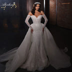 Alonlivn Luxurious Embroidery 2 In 1 Mermaid  Bridal Gown Beading Appliques Lace Off Shoulder Sleeves Sweetheart Wedding Dress