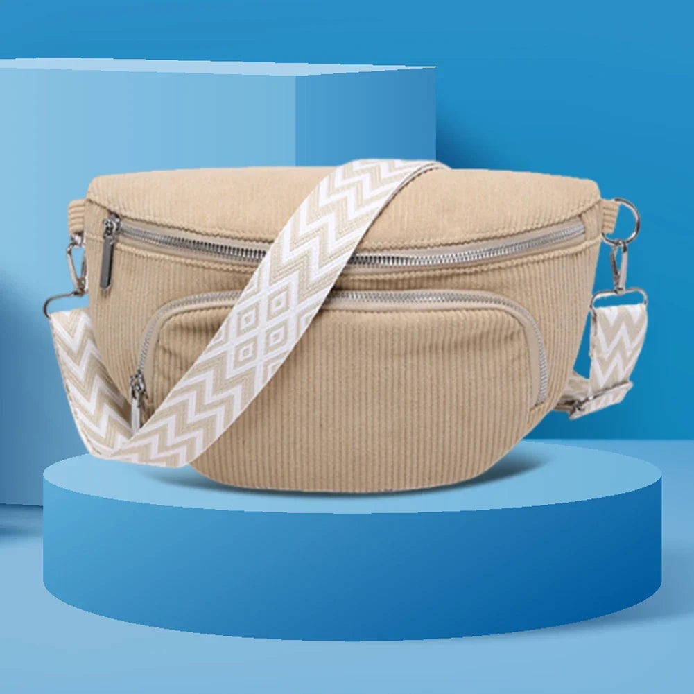 Corduroy Chest Bag Fashion Fanny Pack Wide Guitar Strap Casual Waist Bag Multi-pockets Hobo Sling Bag Outdoor Travel Bag