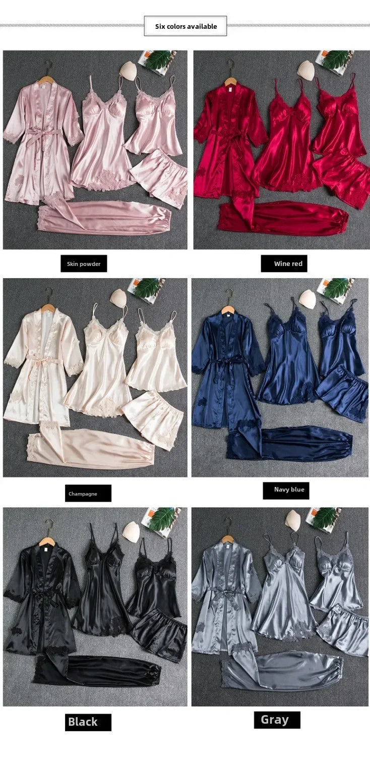 5-piece Set of Women's Sleepwear Sexy Silk Nightgown Lace Satin Nightgown V-neck Vest Breathable Comfortable Women's Nightgown