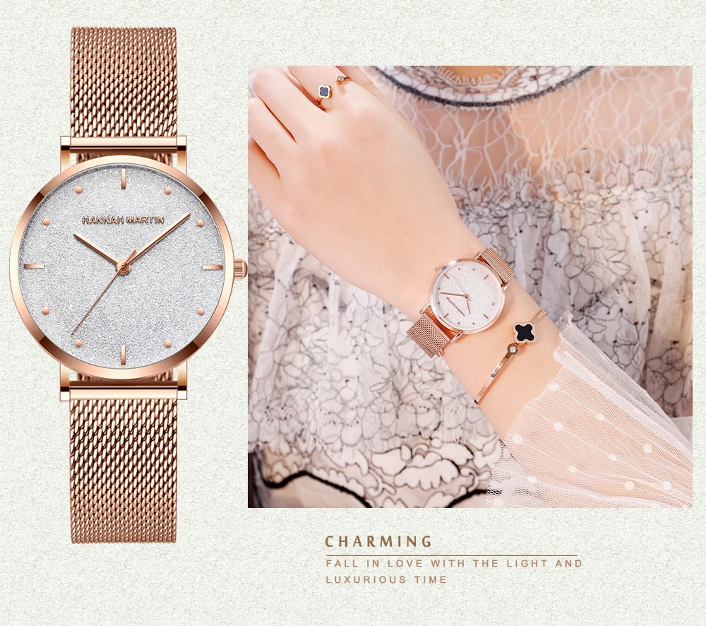 2025 New Women's Luxury Watch Matte Dial Japanese Quartz Movement Stainless Steel Mesh Strap Hannah Martin Brand Original Watch