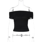 Dulzura Sleeveless Off Shoulder Ruched Bodycon Crop Top Solid Sexy Elegant T-Shirt Party Club Streetwear Spring Summer Top