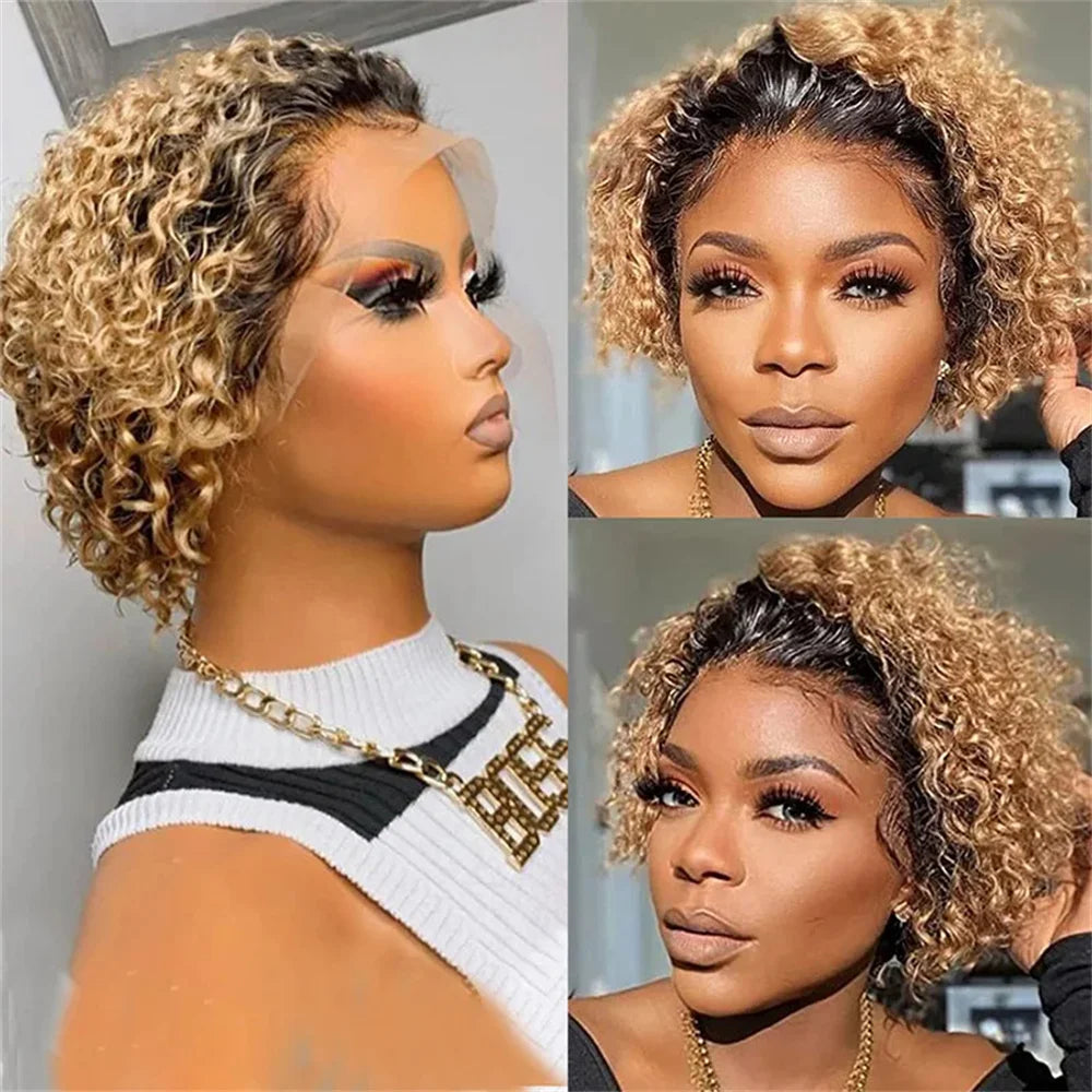 99J Short Curly Lace Front Human Hair Wigs 13X1 Pixie Cut Short Curly Human Hair Wigs Red Water Wave Wigs For Women Human Hair