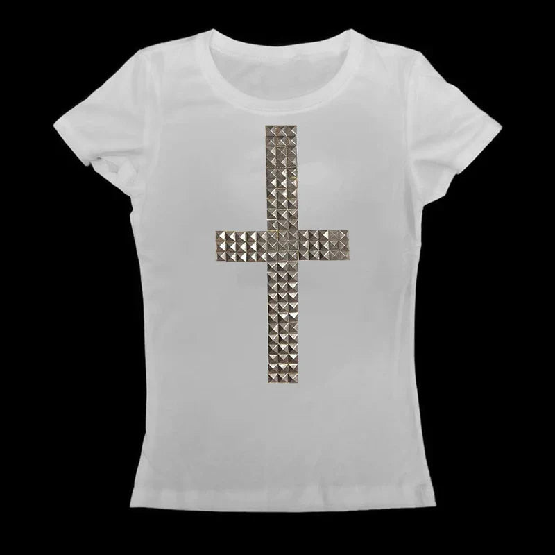 Emo Kpop Goth Baby Tees Women 90s Vintage Clothing T-shirts Kawaii Girl Harajuku Cross Hot Stamping Y2k Clothes Streetwear