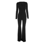 2025 Women Autumn Black Long Sleeve V Neck Jumpsuits Streetwear Bodycon Sexy Sporty Casual Rompers Fashion Overall Body Tops