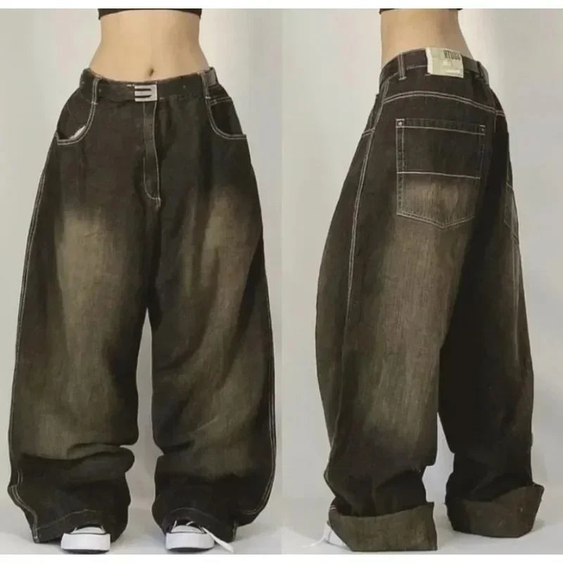 2000s Baggy Jeans Women New Harajuku Hip Hop Wing Print Oversized Jeans Gothic High Waist Wide Leg Pants Men Trousers Streetwear