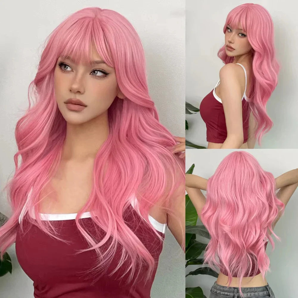 Blonde synthetic wig with straight bangs Ladies Cosplay wig High temperature silk wig set with big waves and long curly hair