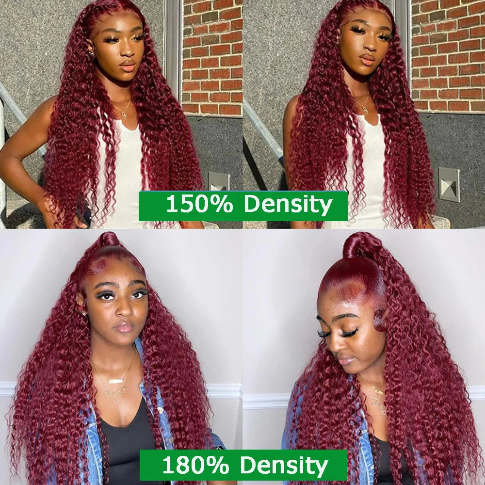 30 36Inch 99J Burgundy 13x6 Hd Lace Frontal Human Hair for women Red Colored 13x4 Transparent Lace Curly deep wave frontal wig