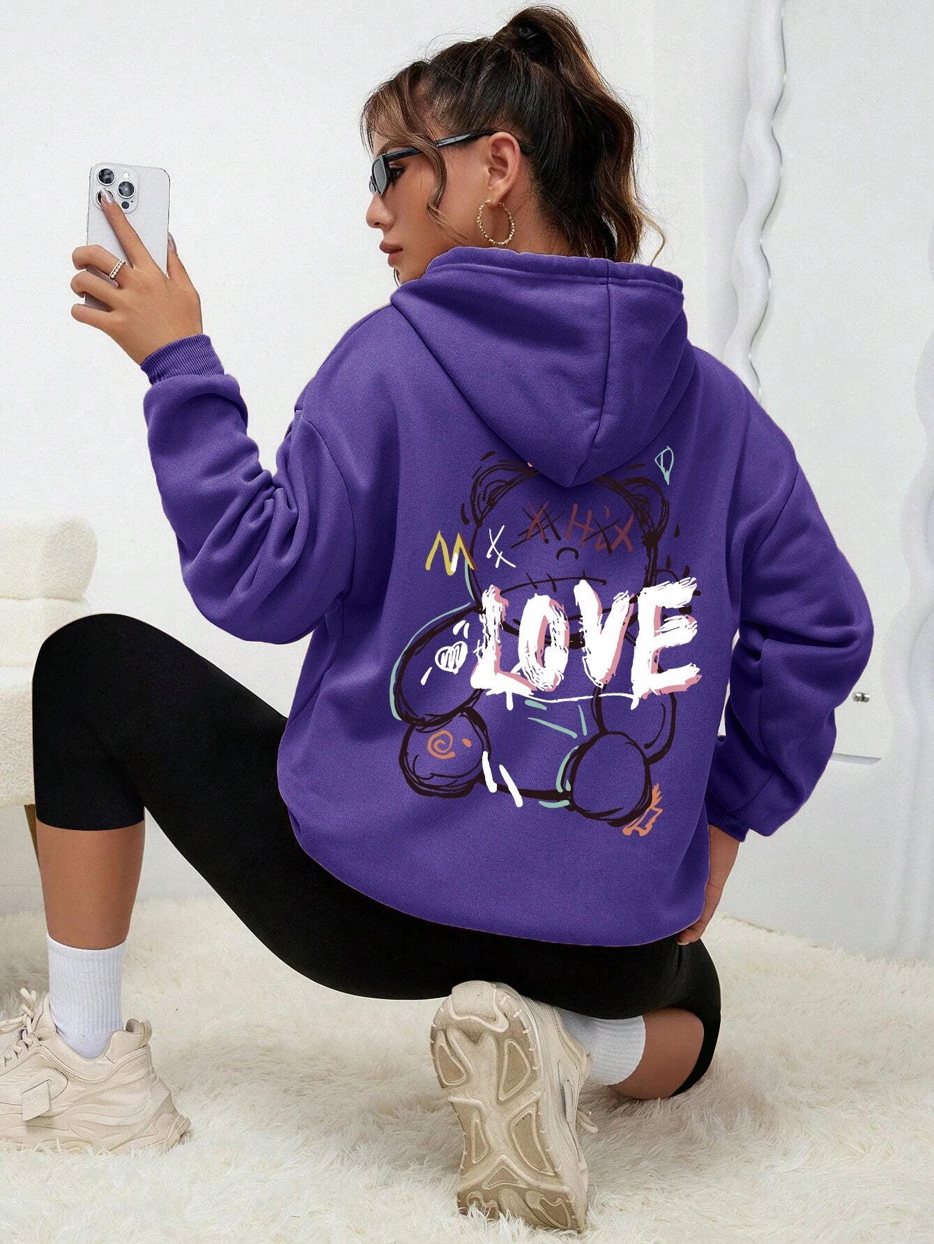 Graffiti Line Bear Simple Print Female Hoody Harajuku S-Xxl Sweatshirt Fashion Casual Street Hooded Autumn Warm Streetwear Women