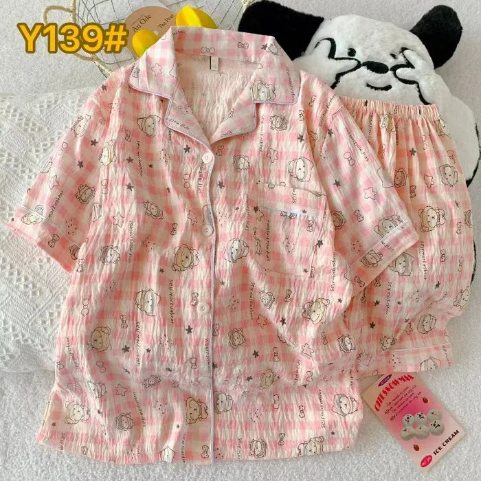 Cute Pink Cloud Cotton Spwear Bear Print Home Clothes Long Sve ort Sve Women's Comfortable Home Suit Summer Thin
