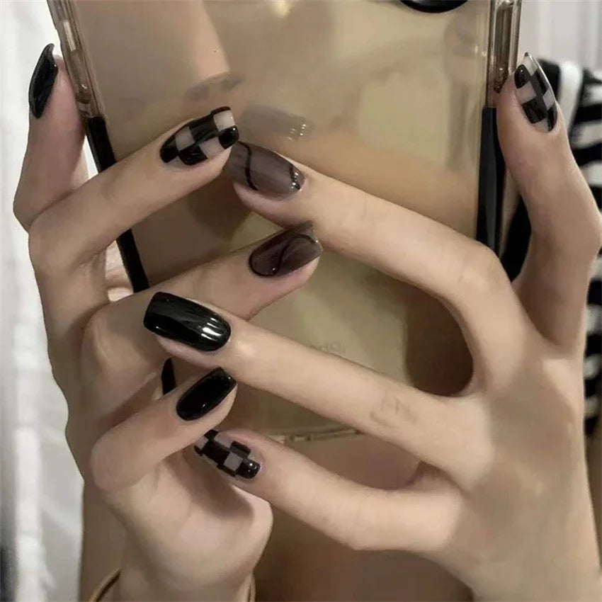 24PCS/SET Cold Black Chess Board Wearing Fake Nails Finished Product Long Full Coverage Acrylic Removable Press on Nails Art Tip